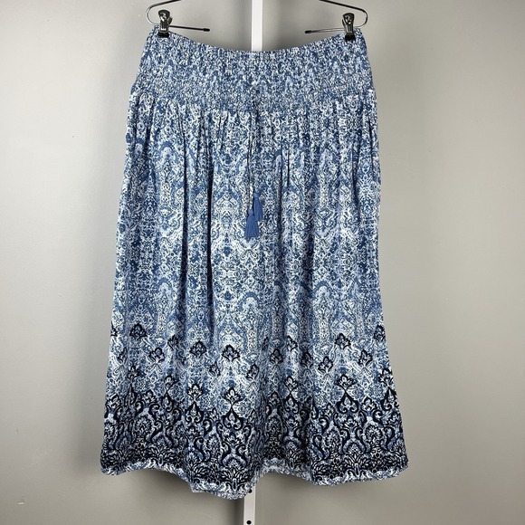 J. Jill Dresses & Skirts - J. Jill Smocked Waist Maxi Skirt Womens‎ Medium Blue Print Tassel Drawstring NWT